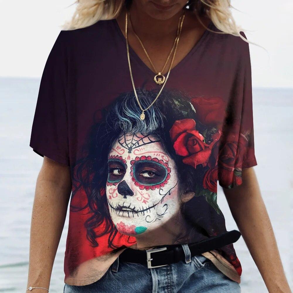 Nová dámská trička Skull Beauty Print Harajuku Y2k Streetwear Day of the Dead Oblečení Topy Dámské Oblečení nadměrné velikosti Letní 6xl