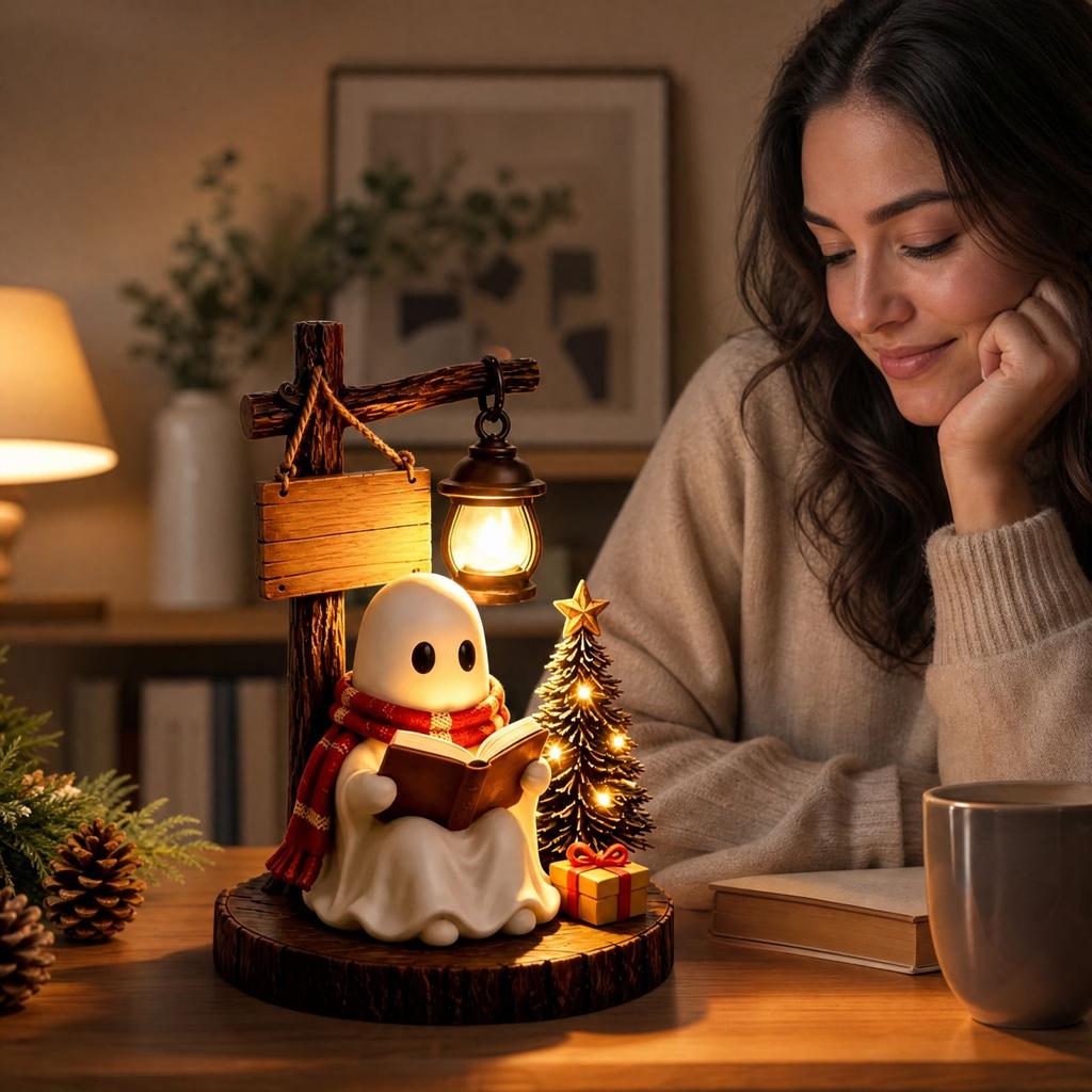 Reading Book Resin Night Light Figurine for Halloween Christmas Tabletop Decor with and Tree