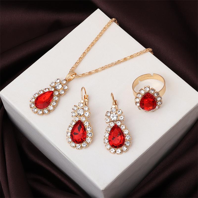 Red Rhinestone Waterdrop Jewelry Set for Women Classic Fashion Earrings Necklace Ring Crystal Bridal Birthday Girl Gift Wedding