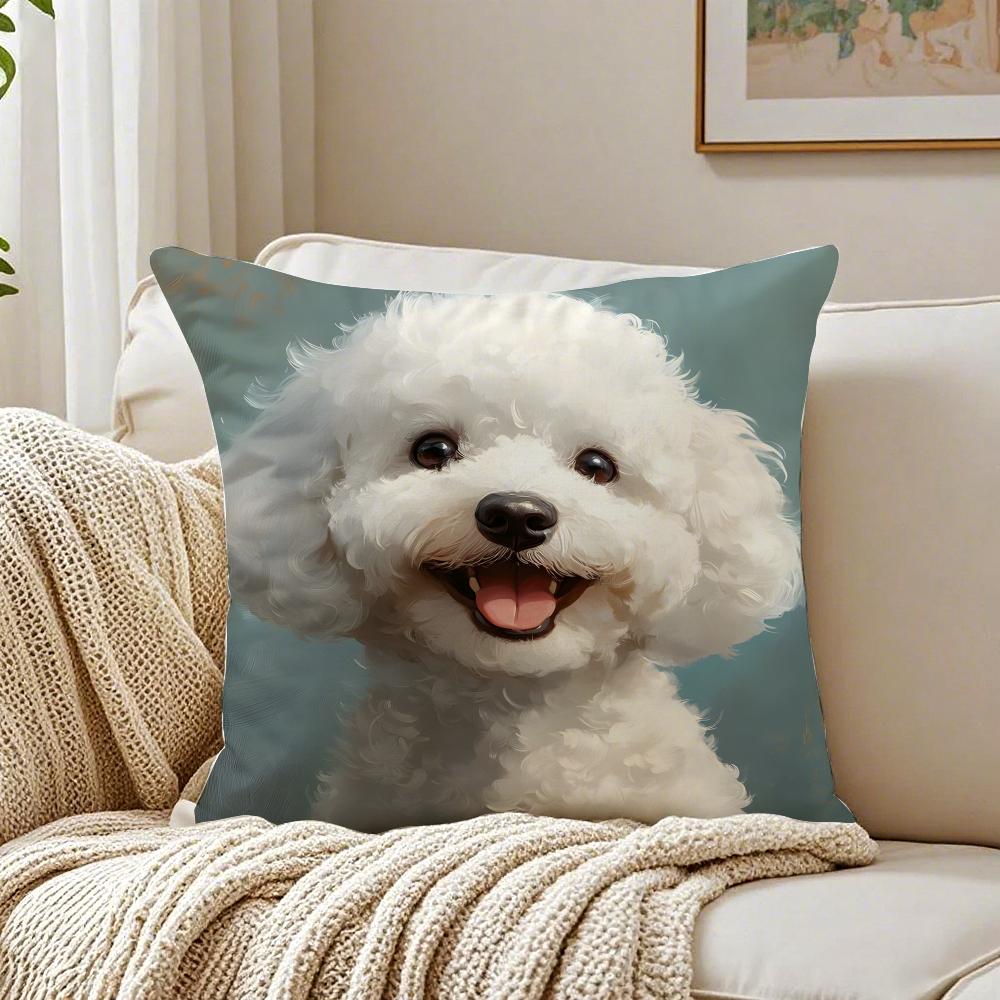BBichon Frise Cushion Cover Linen Pillowcase Soft for Sofa Bed Home Room Decor