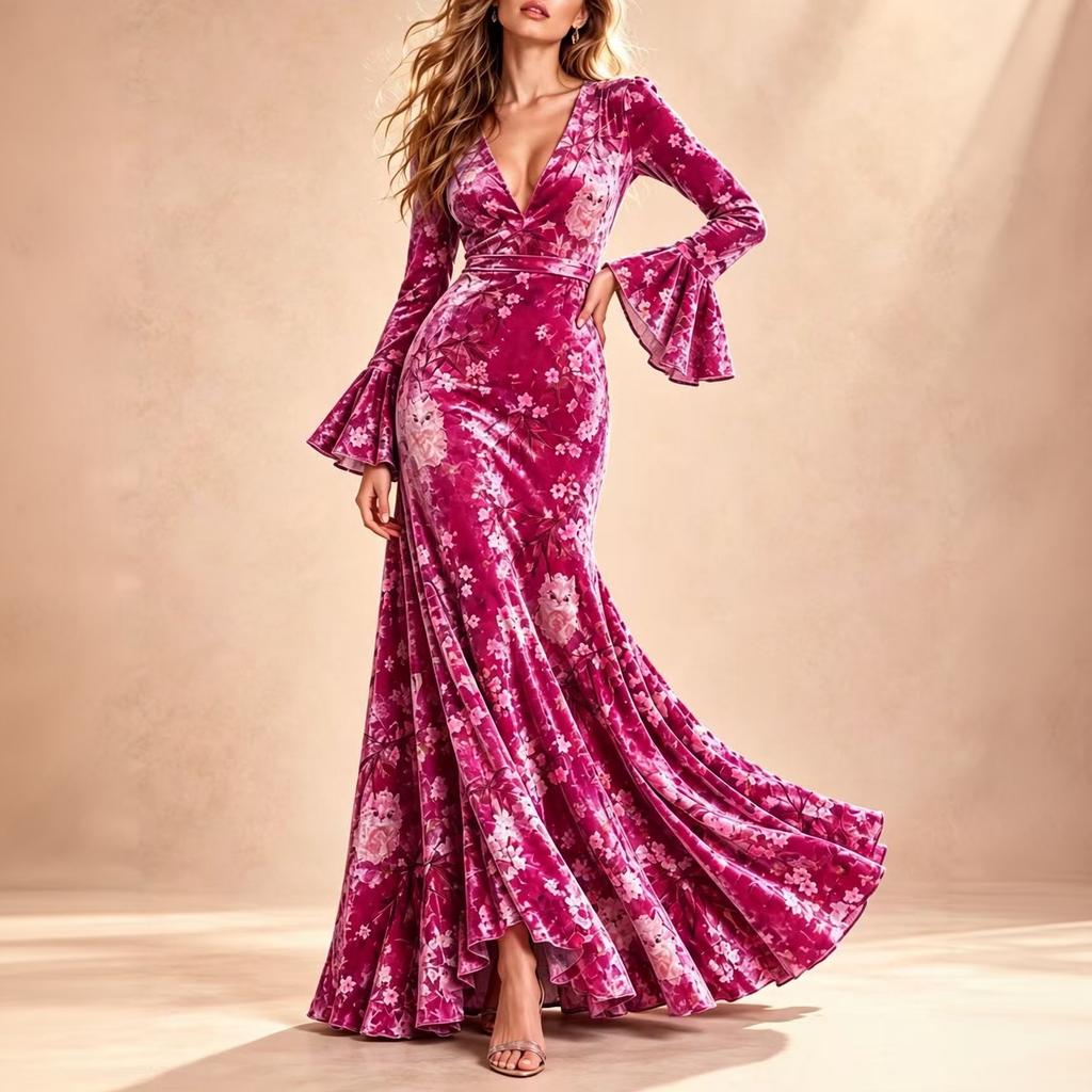 Women's Floral Print V-Neck Long Bell Sleeve Evening Dress with Cinched Waist and Flared Hem