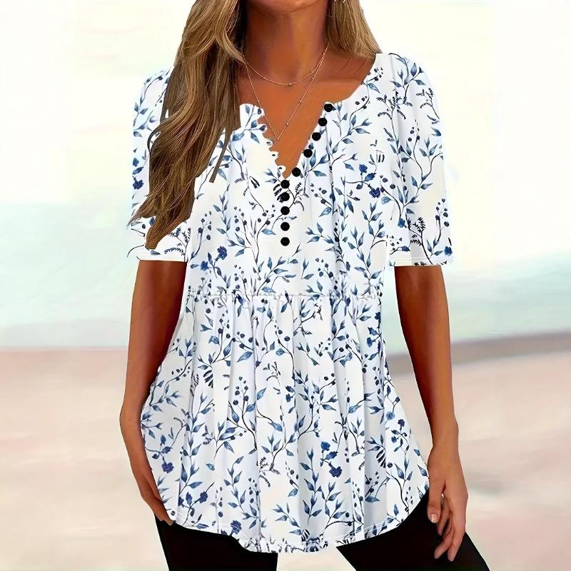 Summer Women's V-neck Button Short-sleeved Casual Printed Pullover Top