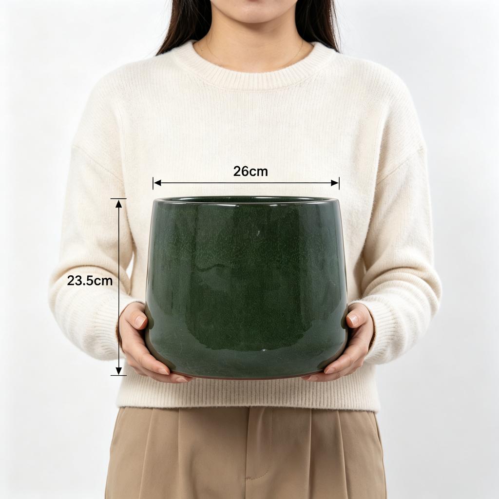 Handmade Ceramic Plant Pot Set 4-Piece (33/26/20/15 cm), Glossy Dark Green Glaze, Breathable, Frost-Resistant, Drainage Holes for Garden & Balcony