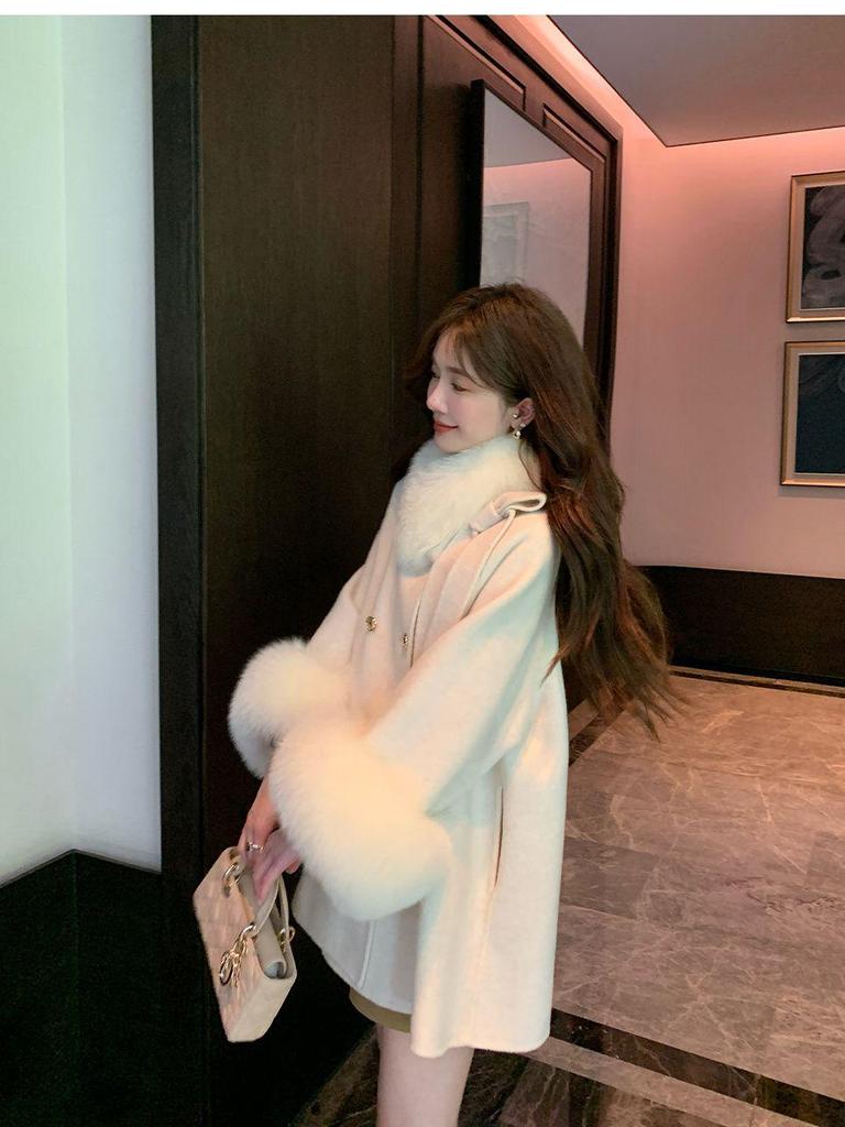 Petite Bow Women's Thickened Fleece Lined Wool Cape Coat