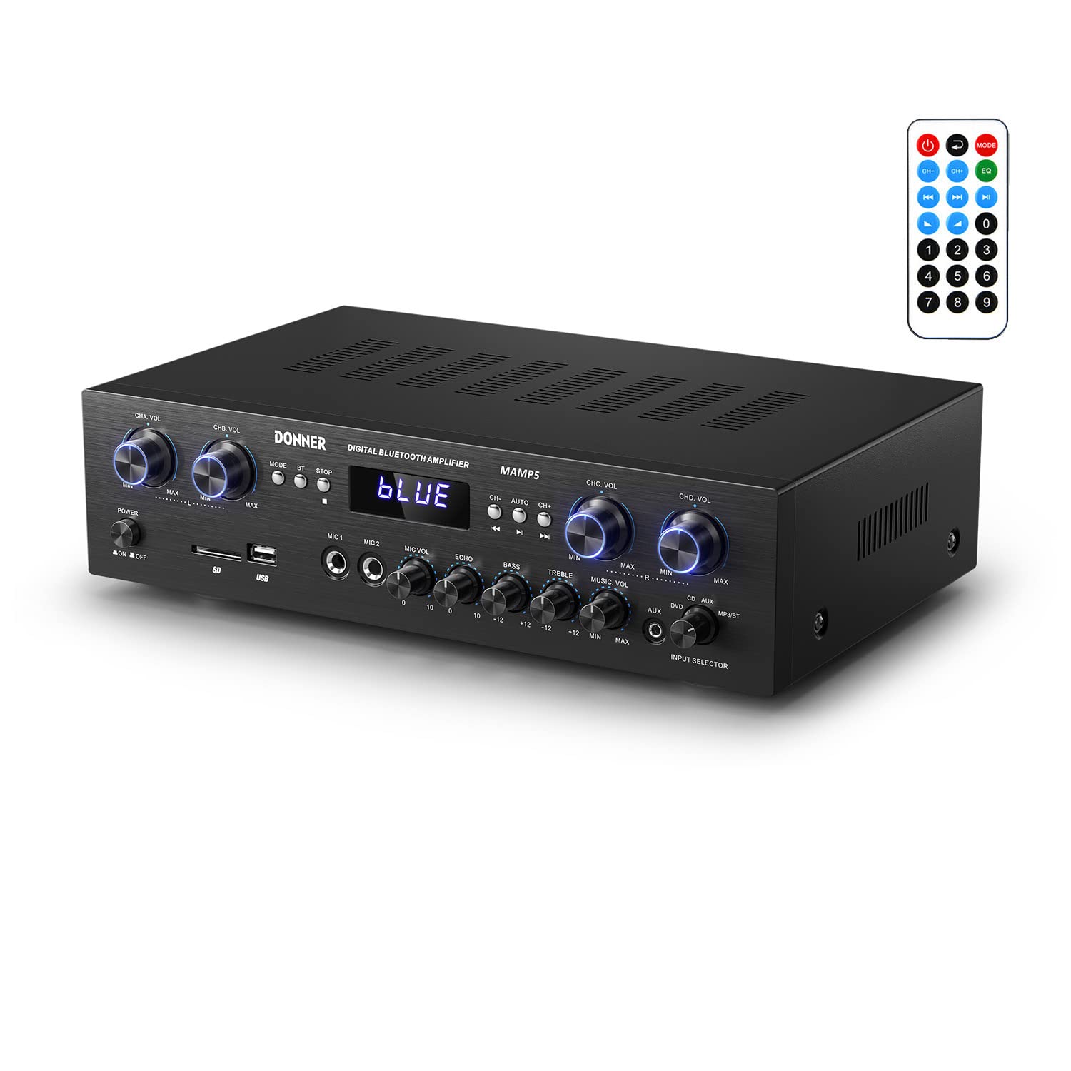 

Donner Power Amplifier Bluetooth 5.0 Audio Amplifier Output 440W Audio Stereo Receiver USB/SD/FM/2MicINEcho/RCA/LED Studio Home Use MAMP5
