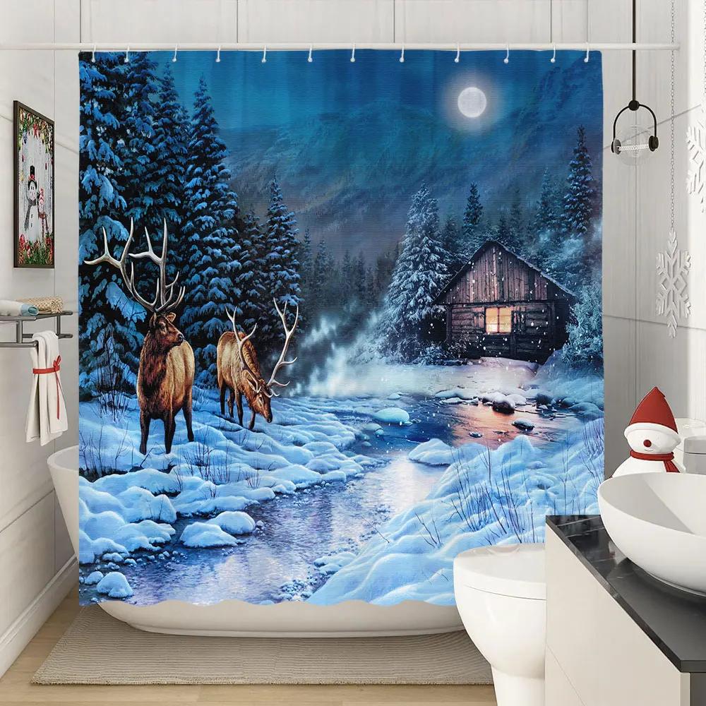 Winter Christmas Shower Curtain Xmas Reindeer Nature Forest Snowy Scenery Farmhouse Bath Curtain Polyester Fabric Bathroom Decor