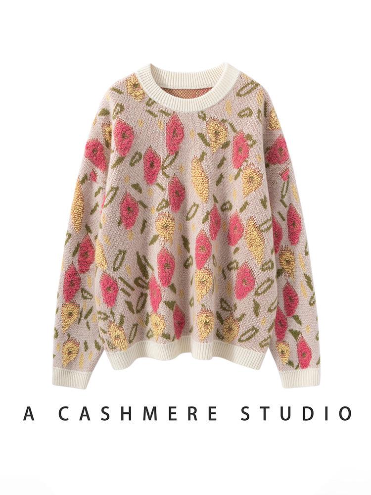 Cashmere Peach Blossom Jacquard Heavy Brushed Sweater, Round Neck, Loose Fit, Thick Wool.