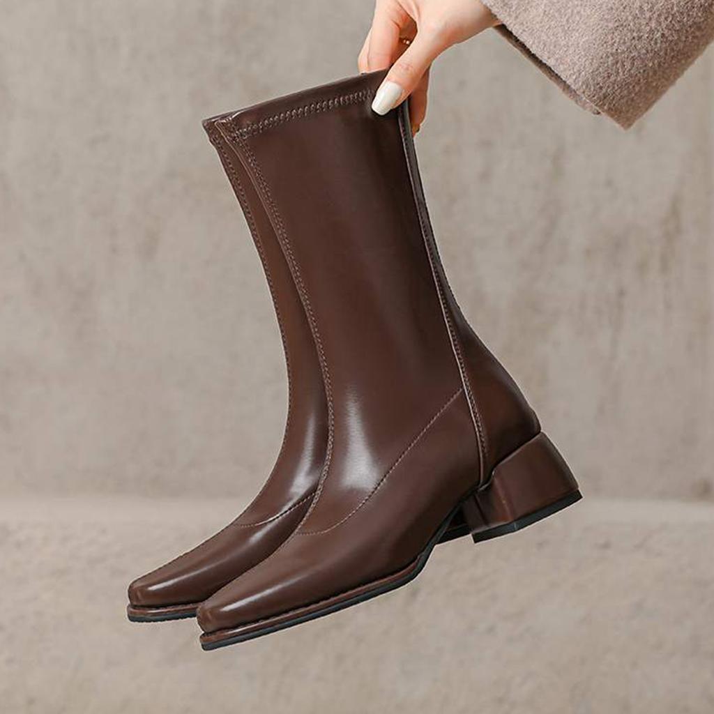 Krazing Pot Microfiber Autumn Winter Shoes Thick Med Heels Size 43 Chelsea Boots Apricot Zipper Mid-calf Boots