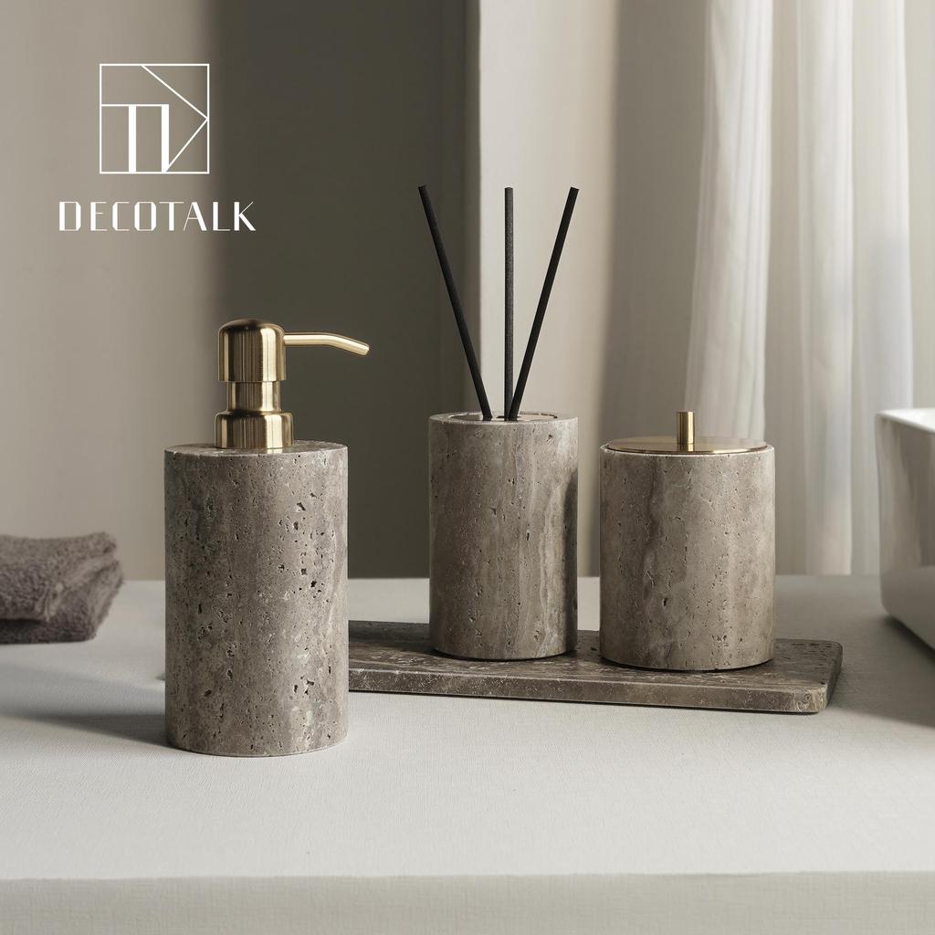 Set da Bagno Travertino Grigio Argento Wabi-Sabi: Vassoio e Decorazione per Lavabo.