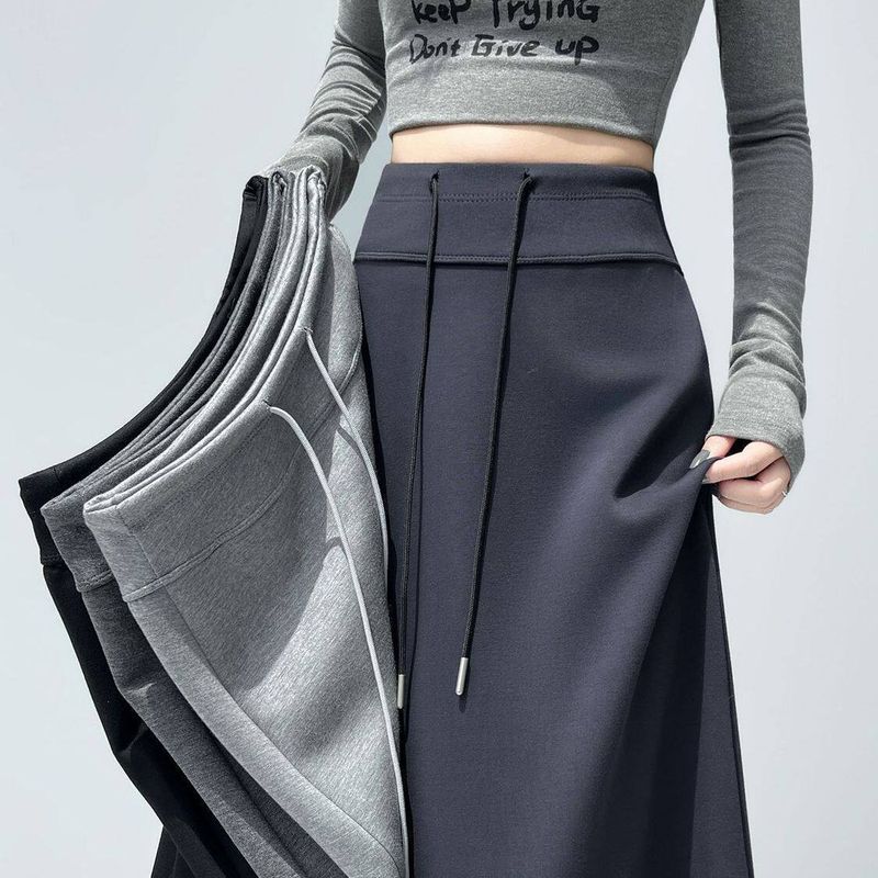 

Gray Sports Skirt New Style High-Waisted Straight-Cut Slit Elastic Slimming Drape Drawstring Casual Long Skirt Navy Blue L [Recommendation 50-57.5kg]