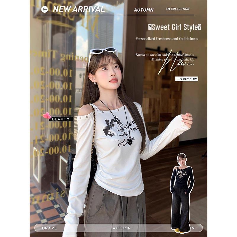 2025 Autumn/Winter Slim-Fit Cat Print One-Shoulder Long-Sleeve Top