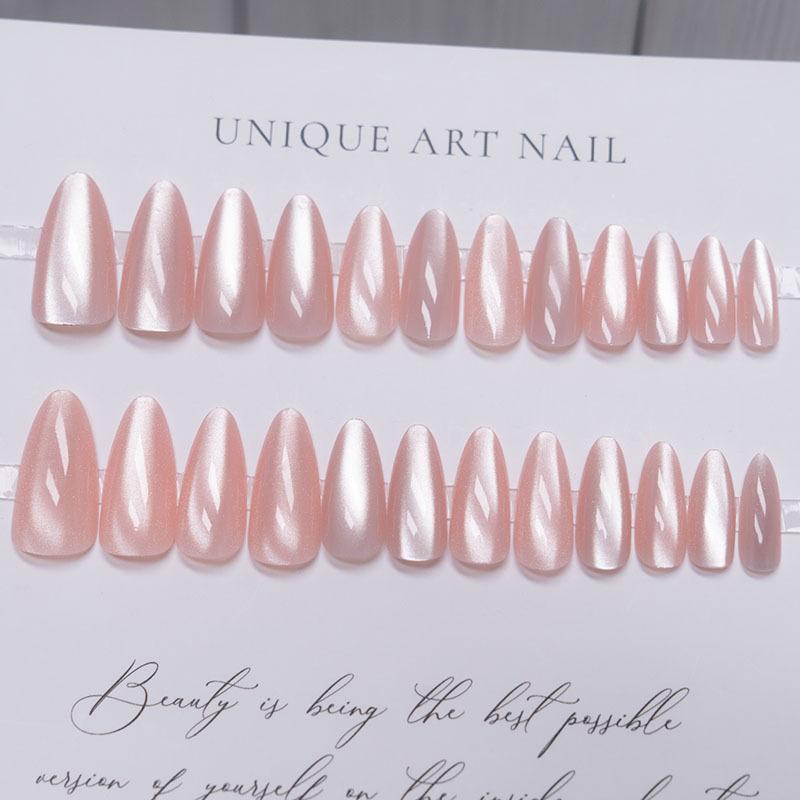 24pcs Pink Cat Eye Fake Nails Glitter Fashion False Nail Patch For Lady Women Wearable Manicure DIY Art Almond Press On Nails