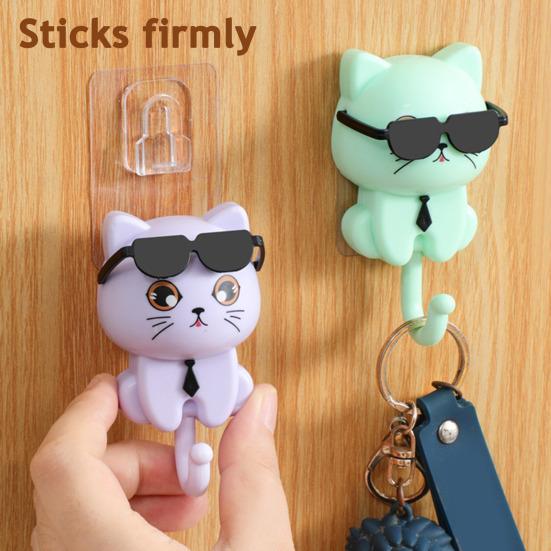 Sunglasses Cat Key Holder for Wall No Drill Adhesive Hook for Keys Hats Coats Towels Cartoon Cat Wall Organizer for Entryway Kitchen Bathroom
