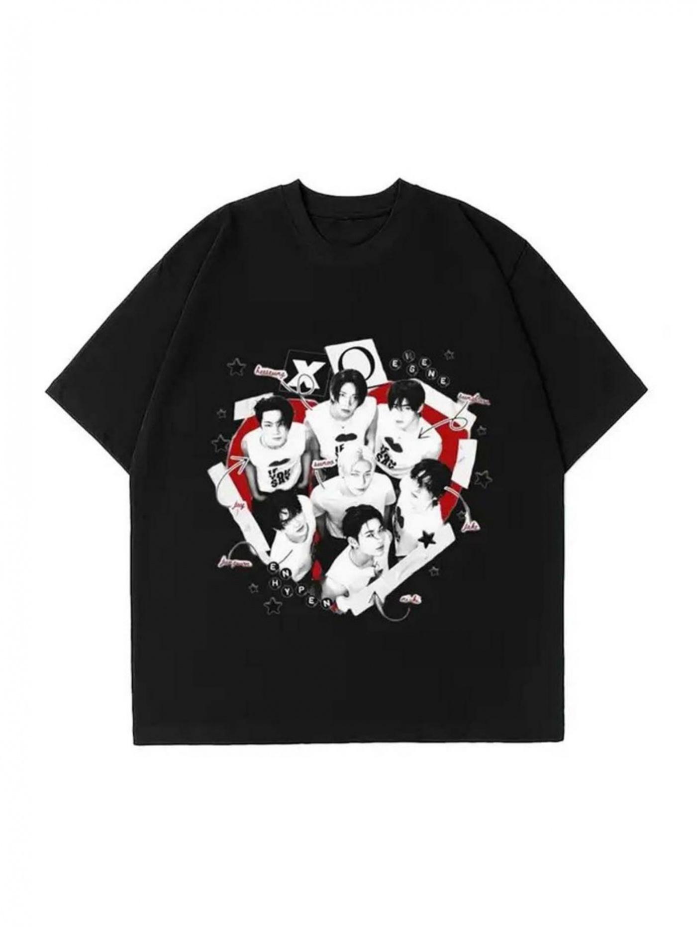 Trendy Black Crew Neck Short-sleeved T-shirt with Pattern Design M