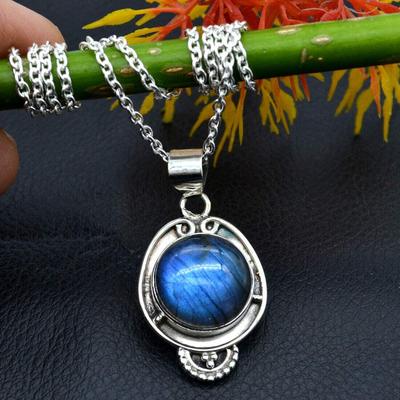Round Cabochon Natural Labradorite (9.35 Cts)Gemstone Pendant Necklace Solid 925 Sterling Silver Jewelry For Women or Girls