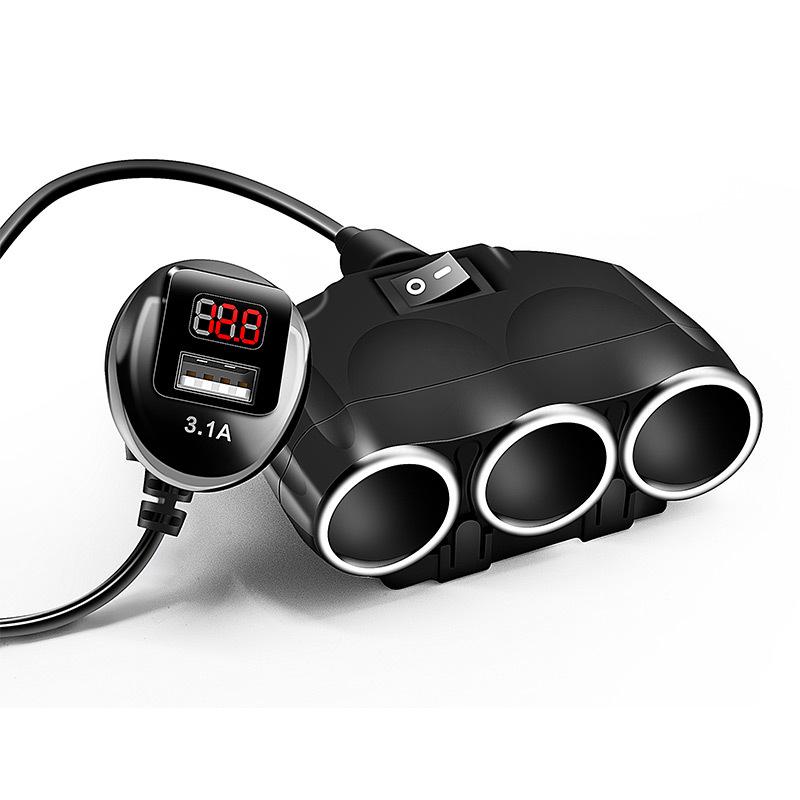 Multi-Function Car Charger: 3-Socket Adapter with Digital Display & Dual USB Ports, 120W