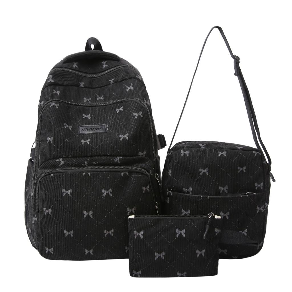New Casual Fashionable Versatile Bowknot Backpack Cute Minimalist Large Capacity Printed School Bag 3-in-1 Storage Bag Set