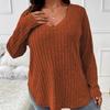 Women Plus Size Long Sleeve T-Shirt V Neck Striped Knitted Top Casual Loose Blouse Spring Solid Color Tops 5XL