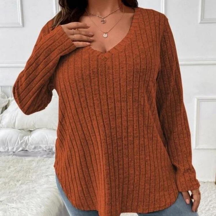 Women Plus Size Long Sleeve T-Shirt V Neck Striped Knitted Top Casual Loose Blouse Spring Solid Color Tops 5XL