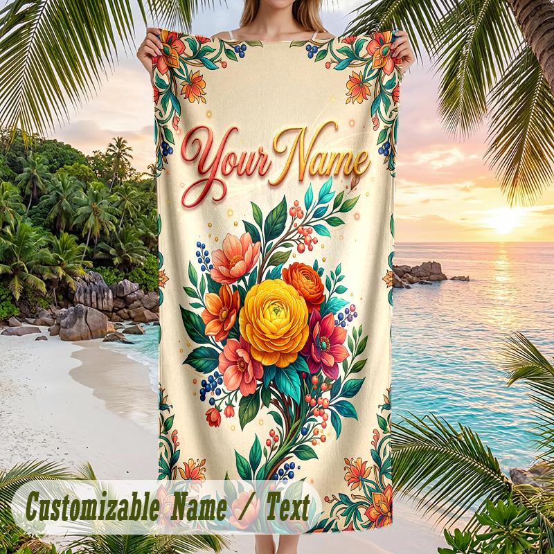 Floral Theme Beach Towel Personalized Custom Name & Text Soft Quick Dry Beach Towel for Swimming Travel
