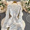 Autumn Winter Women Sweet Striped Knitted Sweater Two Piece Set Single Breasted Cardigans Tops and Mini Short Sheath Skirt Suit