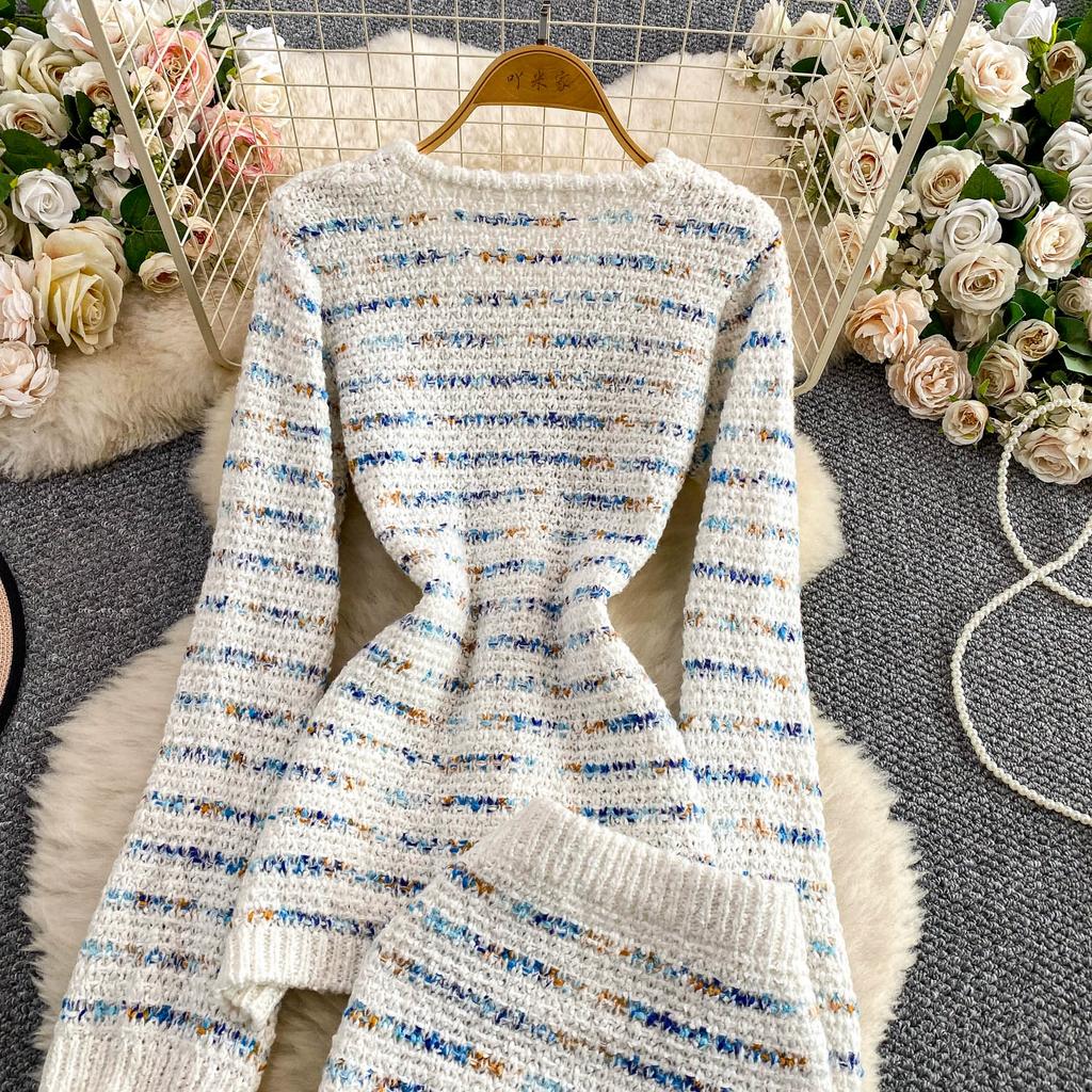 Autumn Winter Women Sweet Striped Knitted Sweater Two Piece Set Single Breasted Cardigans Tops and Mini Short Sheath Skirt Suit