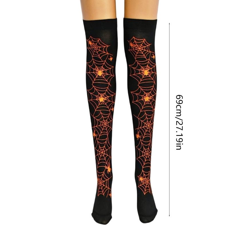 Women Sexy Harajuku Gothic Spiderweb Pattern Over Knee Socks Stretchy Thigh High Stockings for Halloween Cosplay Costume