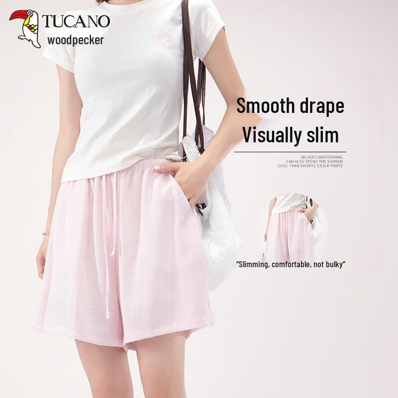 TUCANO Women s Ice Silk Linen Blend High-Waisted Wide-Leg Shorts M светло-розовый
