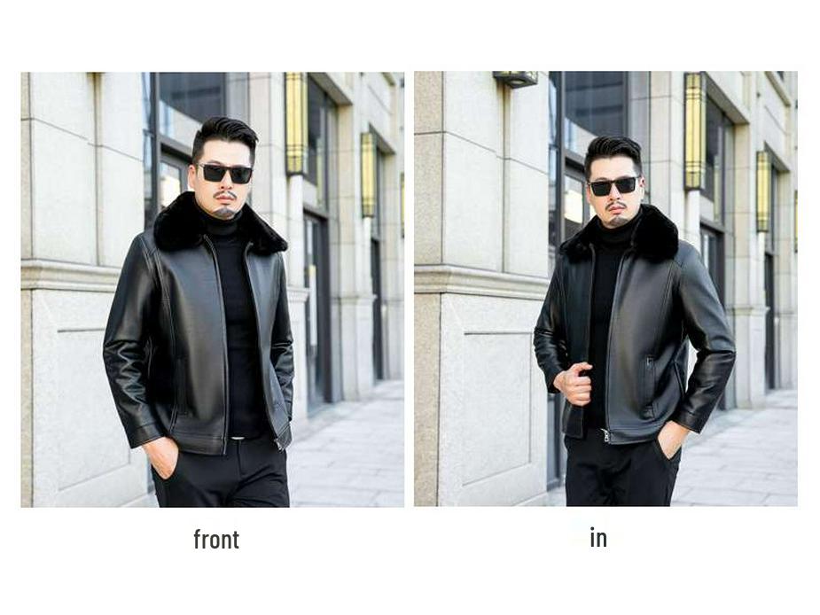 Men's Winter Casual Lapel Leather Jacket with Plus Velvet, Suitable for Middle-aged and Elderly.