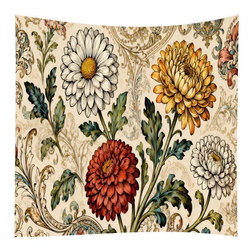 Retro Daisy Chrysanthemum Tapestry, Baroque Flower Wall Hanging, Vintage Botanical Wall Decor for Bedroom Living Room