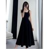 2024 Women's Black Spaghetti Strap Dress - French Style, Waist-Hugging, Hepburn Inspired, Square Neck, High Waist, Over-the-Knee Length