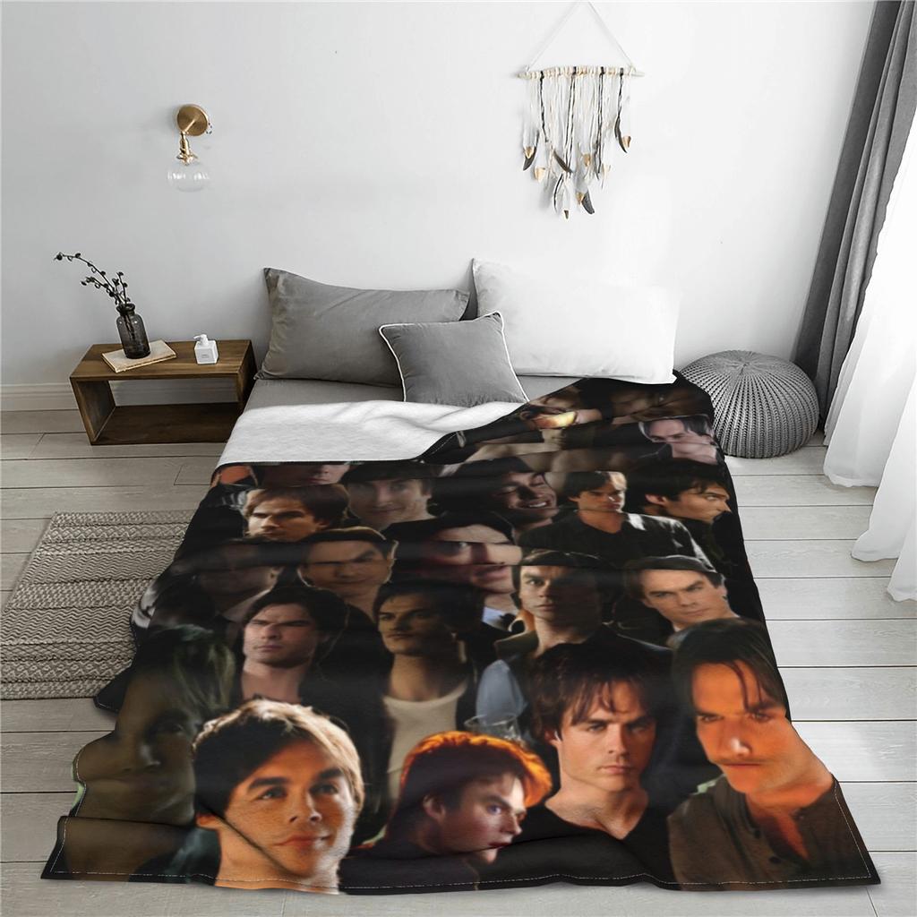 The Vampire Diaries Damon Salvatore Blankets Flannel TV Series Super Warm Throw Blankets for Bed Bedroom Quilt