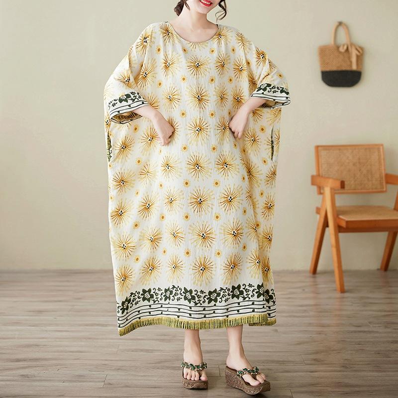 Plus Size Summer Dress for Women Loose Vintage Short Sleeve O Neck Casual Oversized Flower Print Holiday Beach Dresses