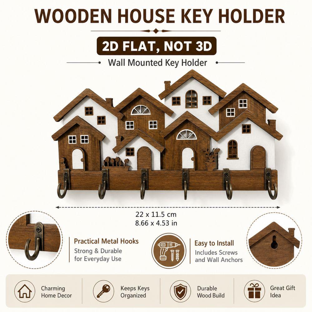 Wood House Key Holder 2D Flat Wall Key Rack New Decorative Key Hanger  Living Room Decor