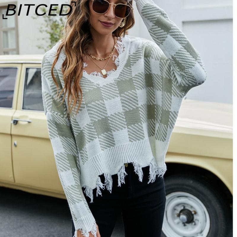 BITCED Women's Oversized Cropped V-Neck Sweater Women's Knit Sweater with Fringe for Fall/Winter