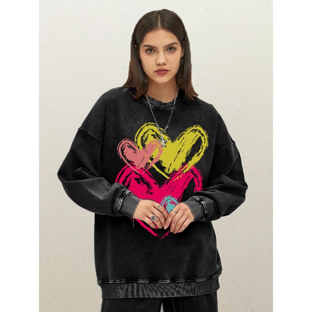 

Красочные забавные толстовки из стираного хлопка с принтом граффити «Любовь», свободная унисекс спортивная одежда, модная уличная одежда 3XL