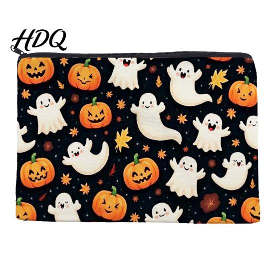Anti Pilling Cosmetic Bag Bag Halloween Pattern Print Makeup Canvas Cute Daily Storage Zipper Pouch for Change Data Cable Washable Pencil Case
