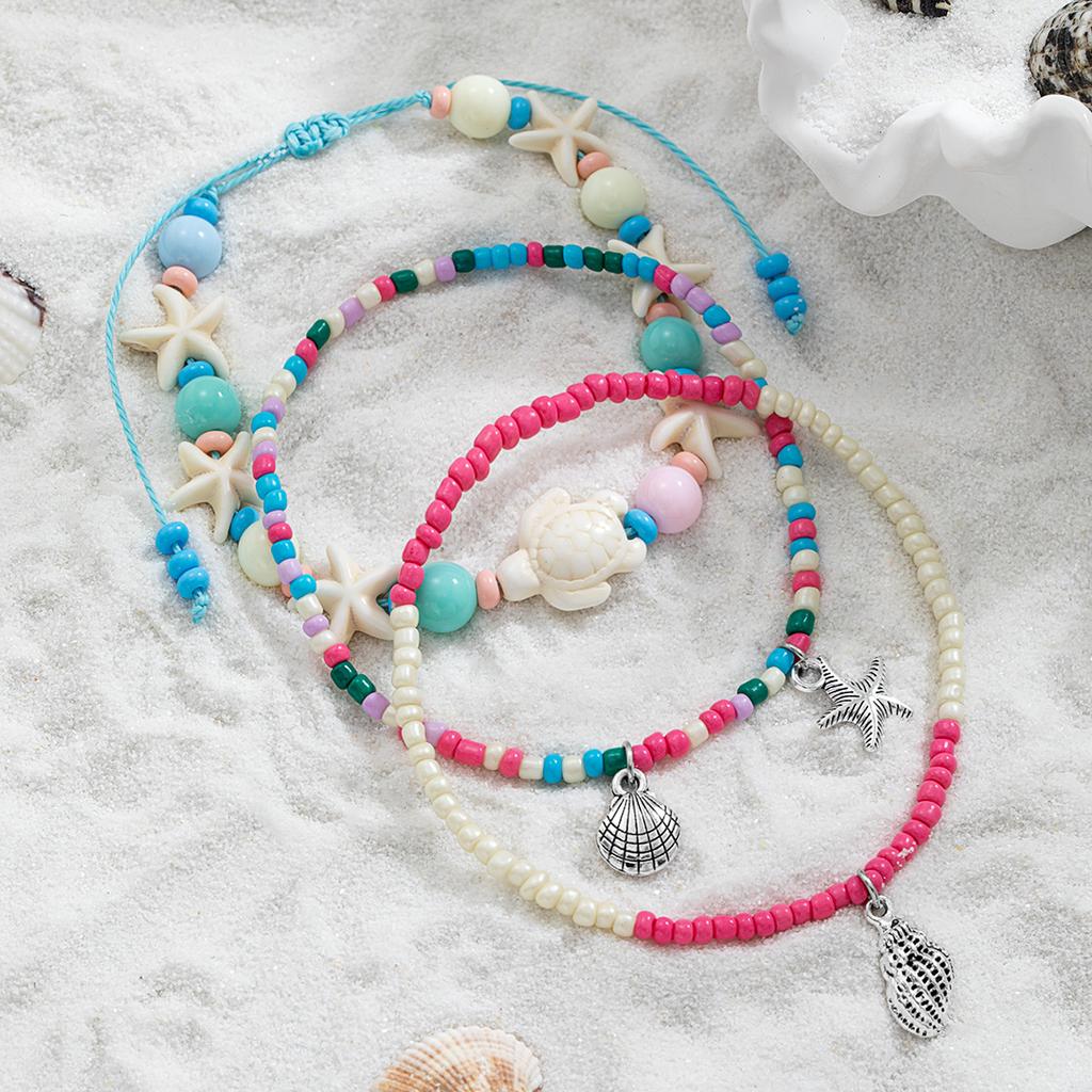 Bohemian Style Three-Layer Beaded Anklet, Vacation Ankle Chain with Turtle, Starfish and Conch Marine Elements