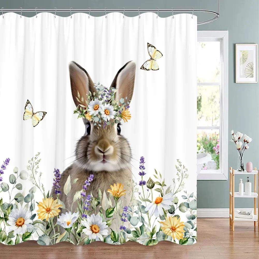 Happy Easter Bunny Shower Curtain Farm Truck Bunny Eggs Butterfly Elf Washable Polyester Fabric Hanging Curtains Bathroom Decor