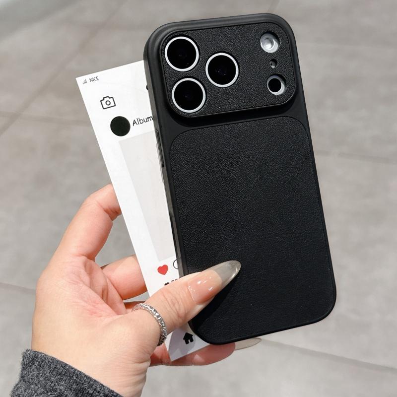 Luxury Leather Texture Hard Large Window Case for iPhone 17 Air 16 15 14 13 Pro Max Plus 17Promax Shockproof Matte Phone Cover