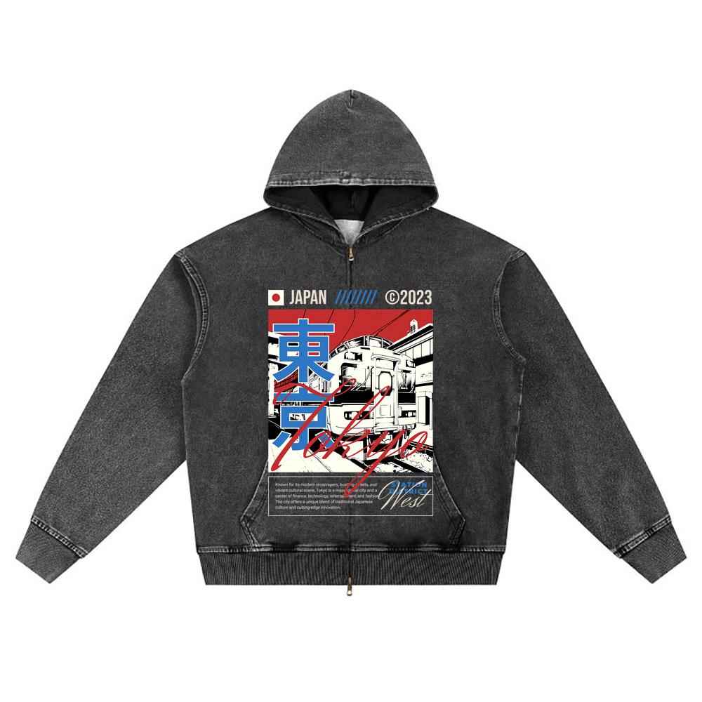 

DTG print Knitted Denim Zip-Up Hoodie Tokyo Brother Print Zipper Hoodies S
