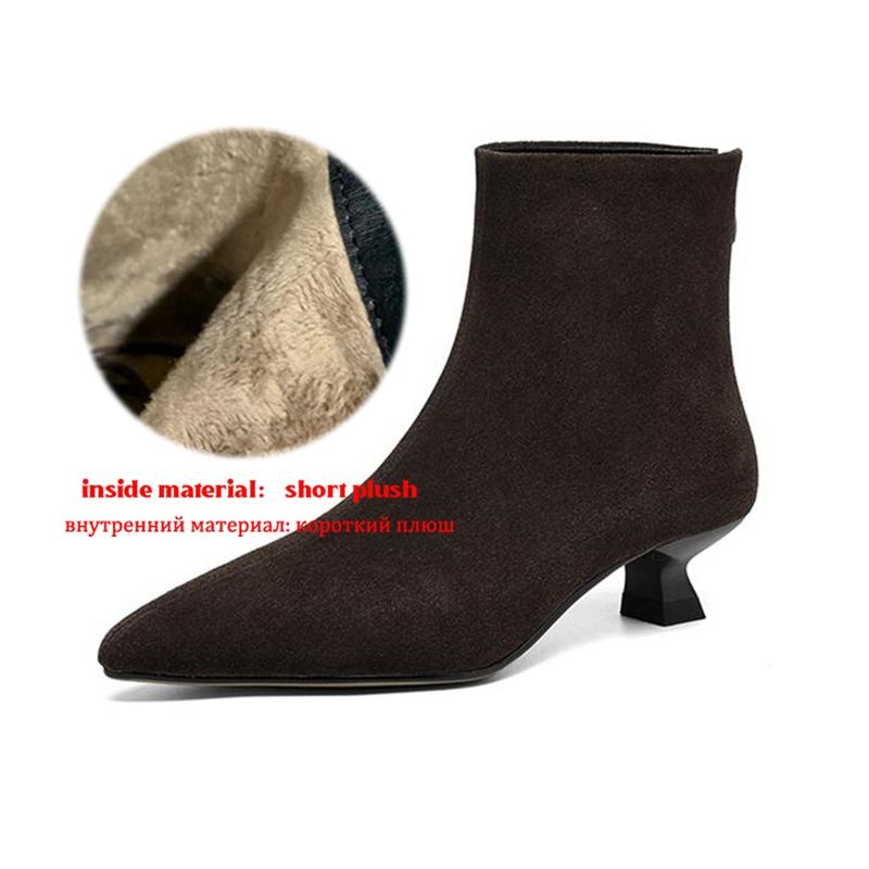 Krazing Pot Cow Suede Nubuck Winter Pointed Toe Preppy Style Stiletto Thin Med Heels Women Zip Women Ankle Boots
