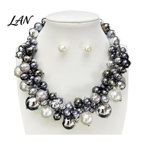 Faux Pearl Choker Necklace 1 Set Chunky Jewelry, Beaded And V-neck Accessory Earrings, Metallic for Women Dinner Parties Wedding Collarbone Enhancing