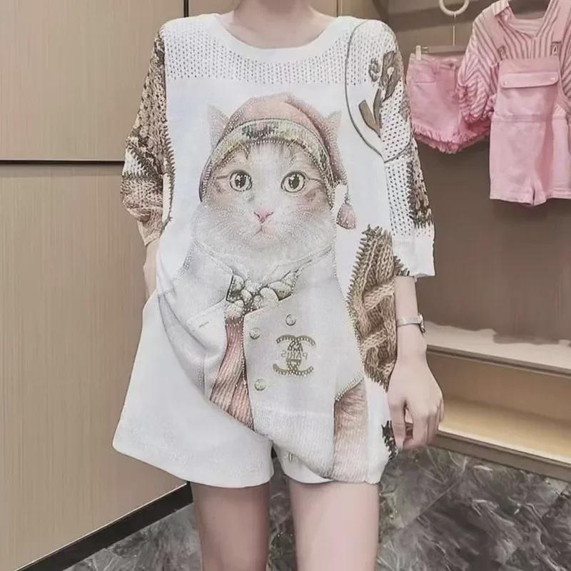 

2023 Европейская мода Мультфильм Кот Алмаз Норка Флисовый свитер с капюшоном для женщин - Осень/Зима Длинный рукав Вязаный кардиган One Size