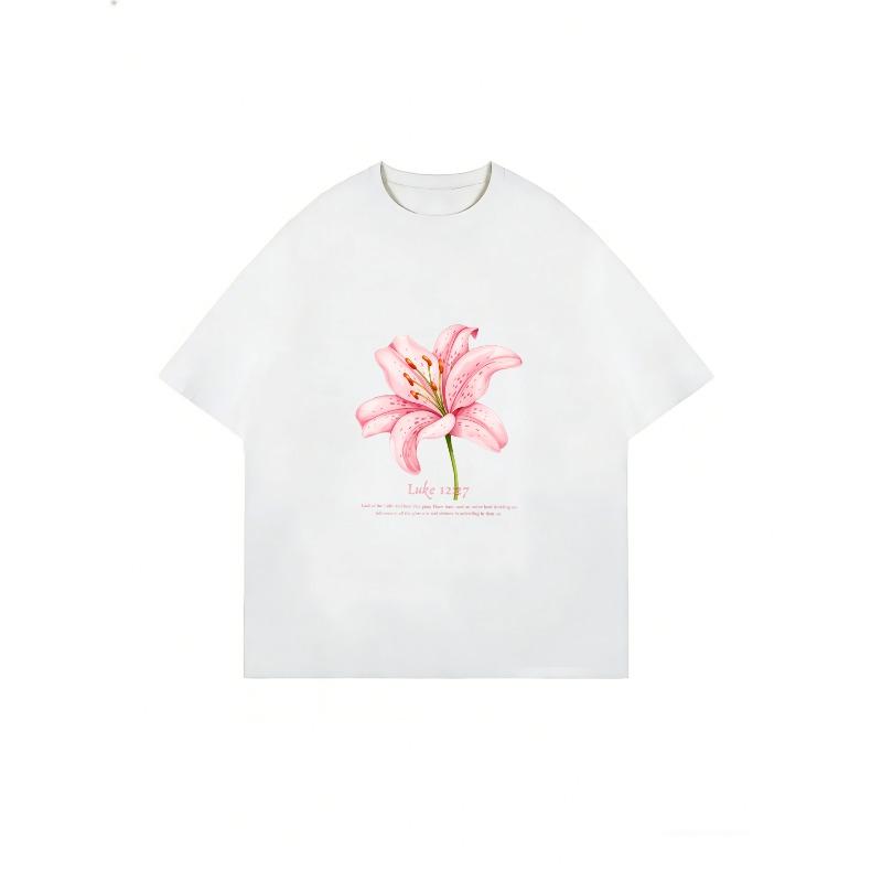 Vit T-shirt med Rosa Liljeblomma och Bibelvers Lukas 12:27 för Kvinnor Casual Kläder Sommaroutfit