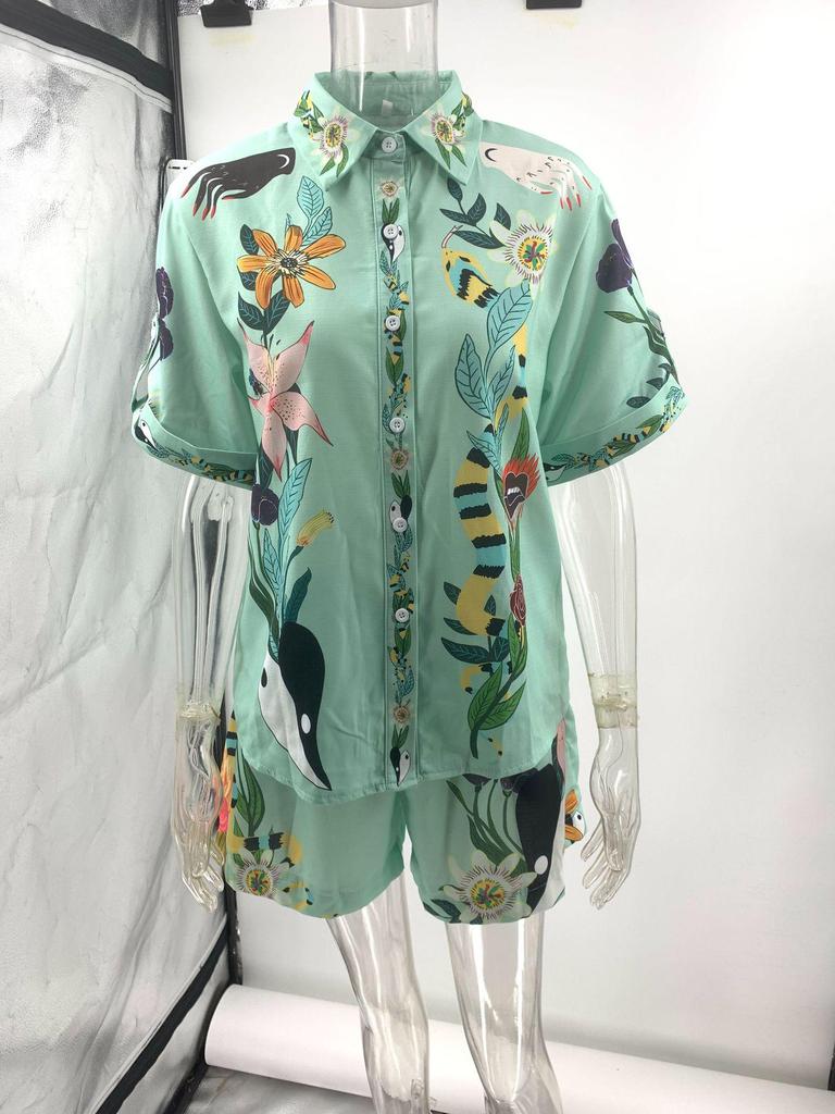 2023 New Casual European & American Two-Piece Set: Cotton & Linen Print Shirt + Shorts