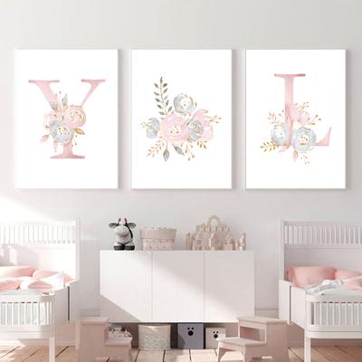 Baby Girl Rózsaszín virágok Vászon poszter óvoda fali művészeti nyomat Modern betűk Festmény Fali Képek Nordic Kid Hálószoba Dekoráció