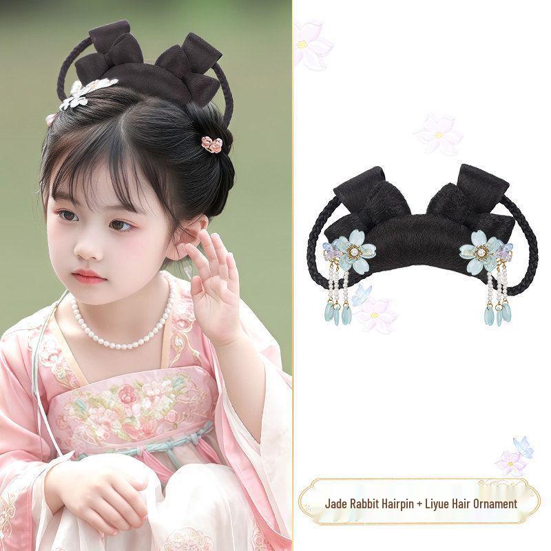 Jade Rabbit Hanfu Wig: Children's Ancient Style Tang Dynasty Updo with Hair Padding and Bun Headdress