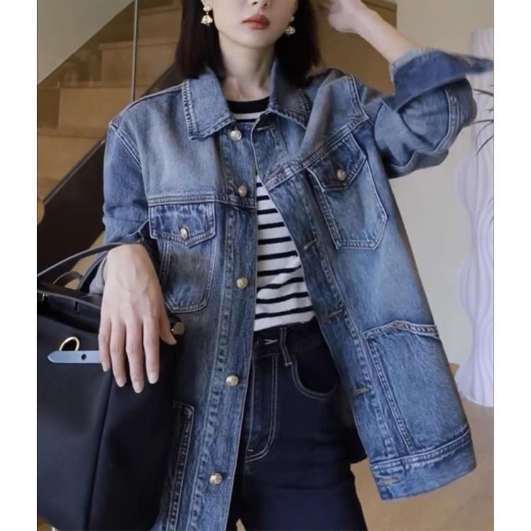 Washed Denim Long Sleeve Retro Boyfriend Jacket with Lapel Pockets 3XL