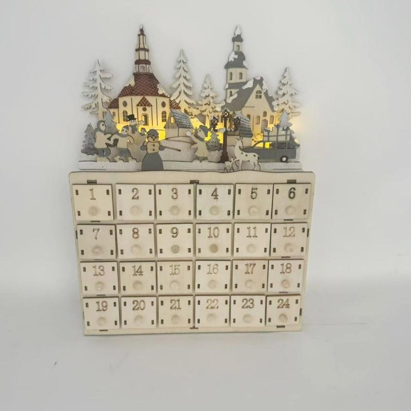 Lighted Wood Advent Calendar with 24 Drawer Countdown to Christmas Decoration Handmade Desktop Ornament Accessories